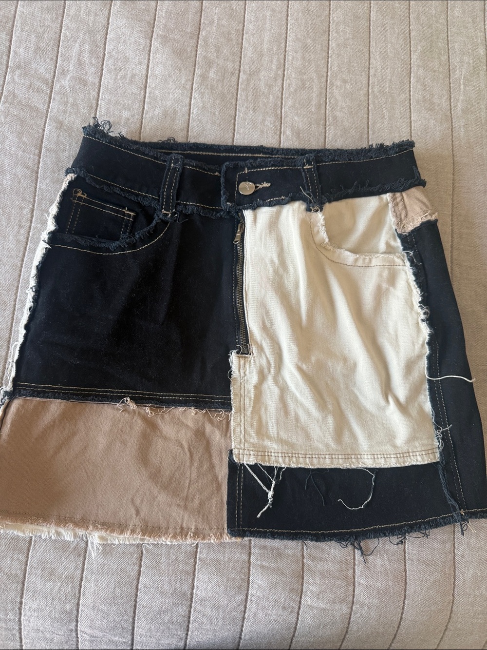 Patchwork Frayed Mini Skirt - Black, Cream, Tan